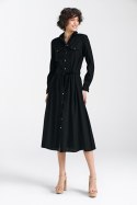 Sukienka lniana zapinana na napy S241 Black - Nife Sukienka lniana zapinana na napy S241 Black - Nife