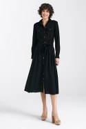 Sukienka lniana zapinana na napy S241 Black - Nife Sukienka lniana zapinana na napy S241 Black - Nife