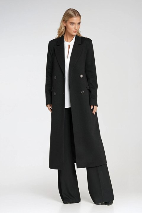 Elegancki płaszcz dwurzędowy PL25 Black - Nife Elegancki płaszcz dwurzędowy PL25 Black - Nife