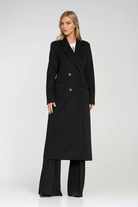 Elegancki płaszcz dwurzędowy PL25 Black - Nife Elegancki płaszcz dwurzędowy PL25 Black - Nife