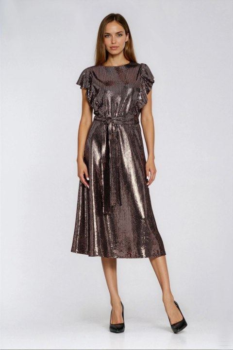 Sukienka Błyszcząca sukienka z falbanami na ramionach S288 Miedziany - Nife