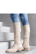 Beżowe wsuwane kozaki z materiałową elastyczną cholewką Luana - Solea Beżowe wsuwane kozaki z materiałową elastyczną cholewką Luana - Solea